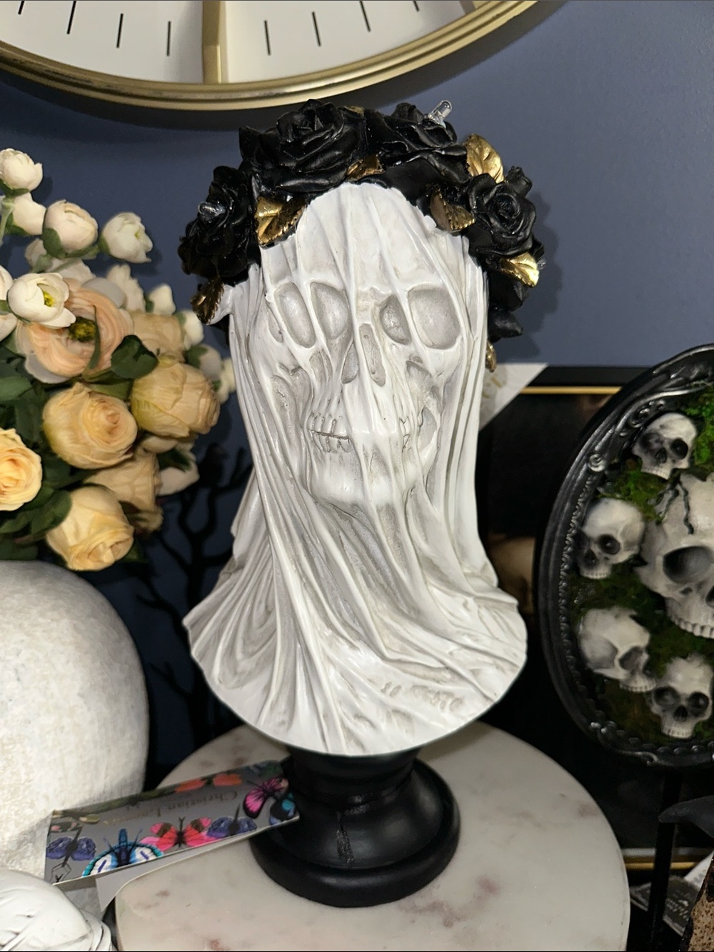 Christian Lacroix White Veiled Skull Bust with Black & Gold Rose Crown